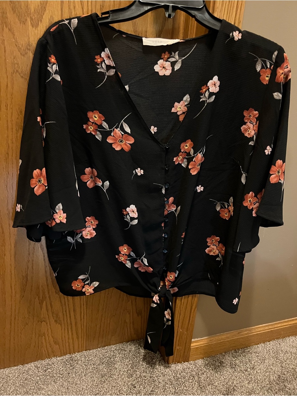 Lush Black Blouse with Coral Floral Tie-Front